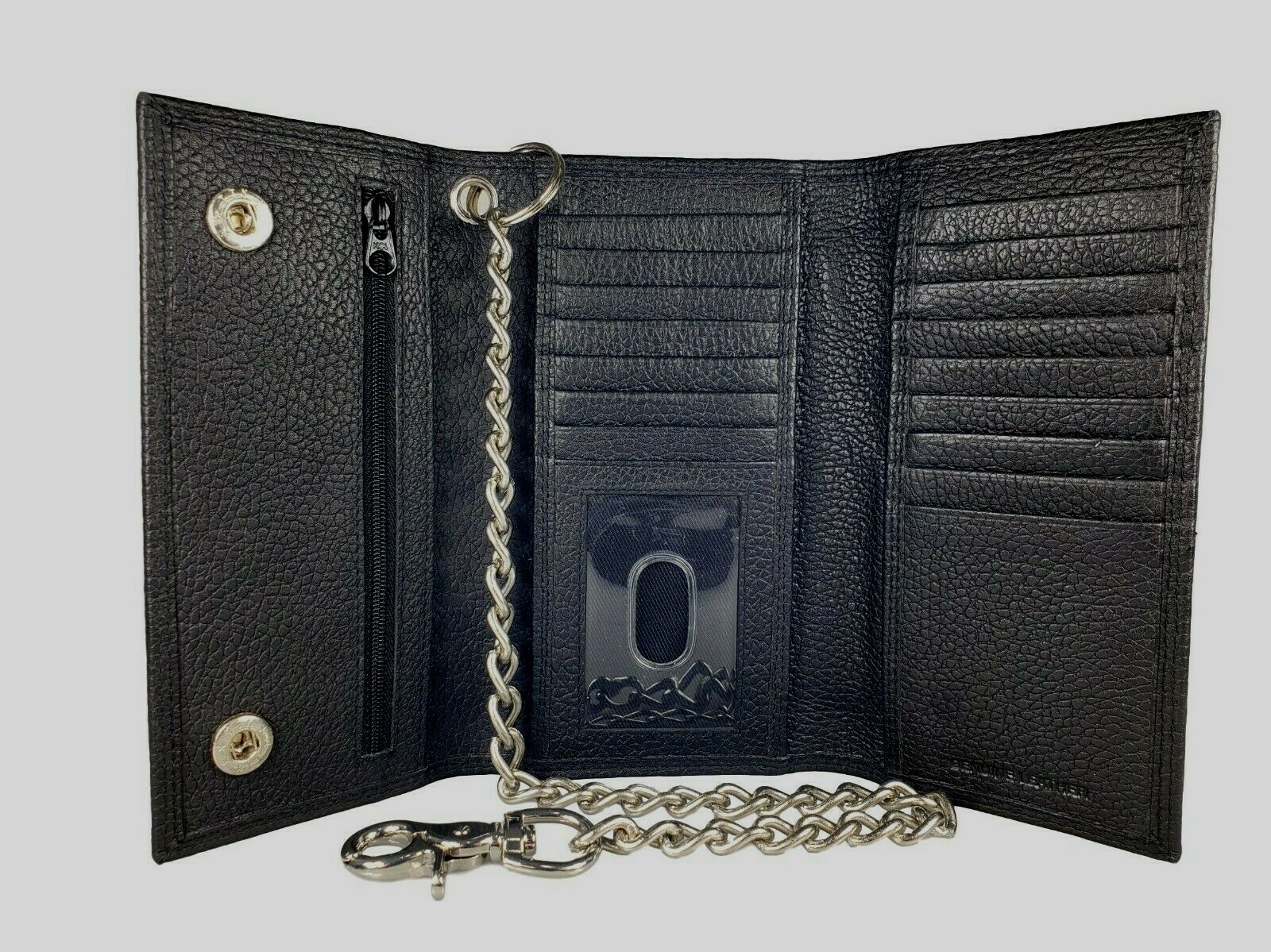 Black Leather Trifold Chain Motorcycle Biker Trucker Long Wallet With Belt Hook