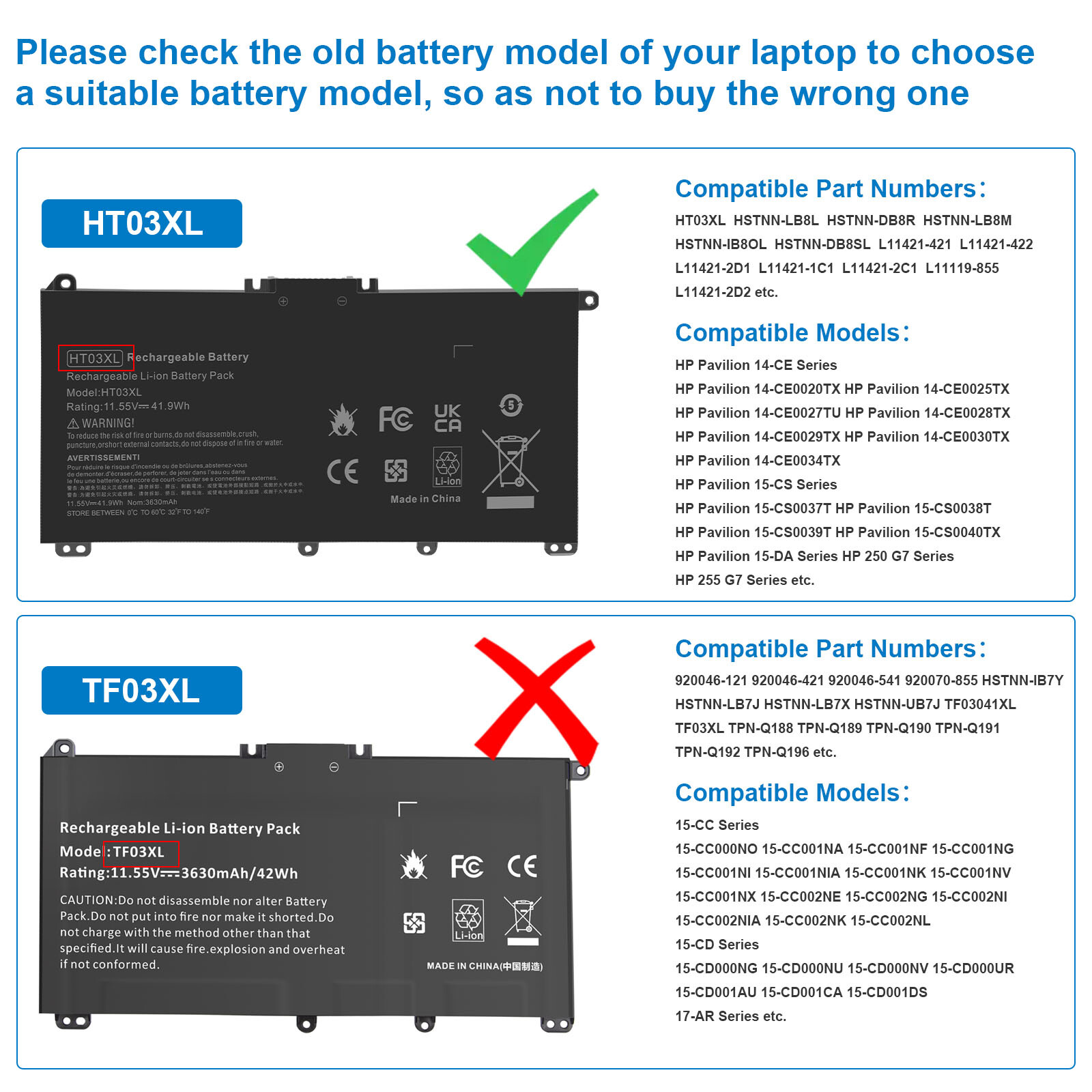 HT03XL Battery for HP Pavilion L11421-2C2 L11119-855 14-CE 14-CF 15-CS 15-DA