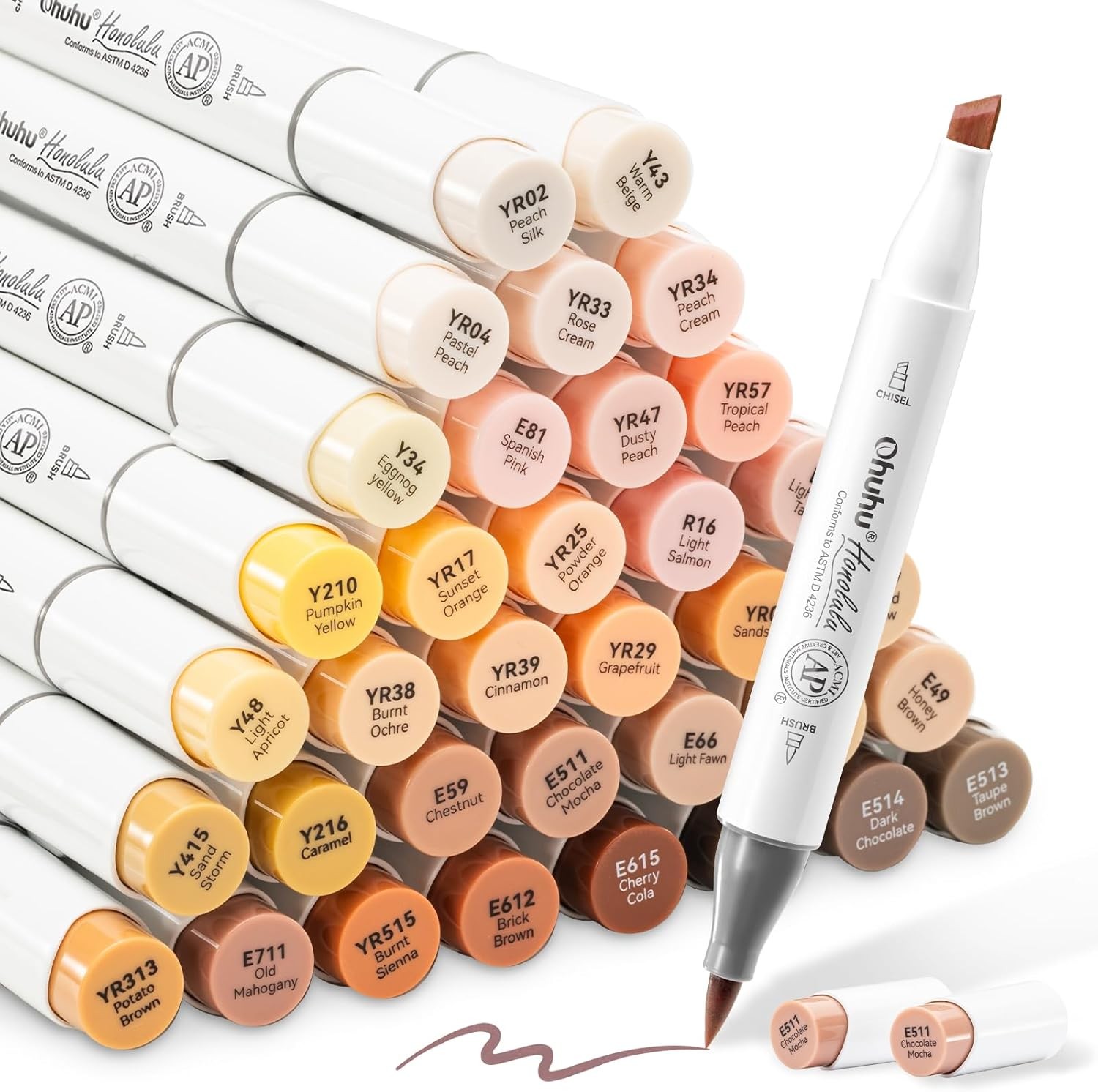 Ohuhu Chisel and Brush Alcohol Art Marker 36 Skin-Tone Colors/1 Marker Blender