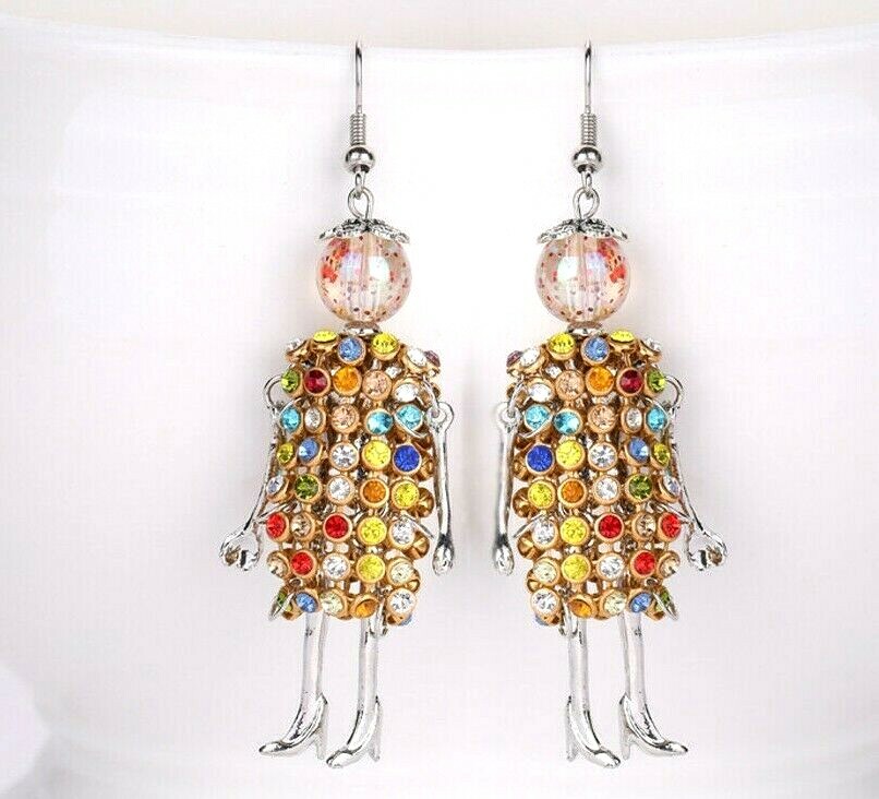 US Seller Betsey Johnson Crystal Doll Gold Dangle Earrings Fashion Jewelry