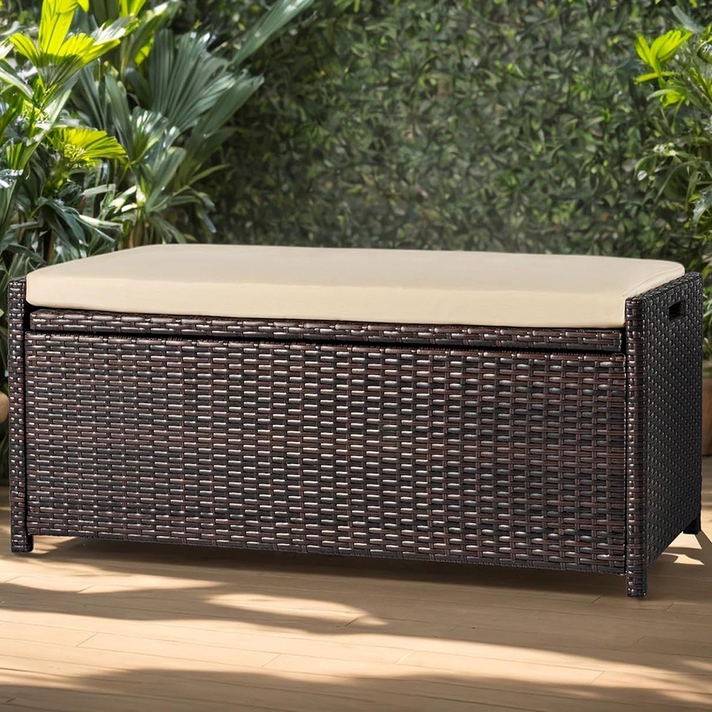 WICKER DECK OUTDOOR STORAGE BOX RATTAN BENCH HAND-WOVEN WITH CUSHION 55 GALLON