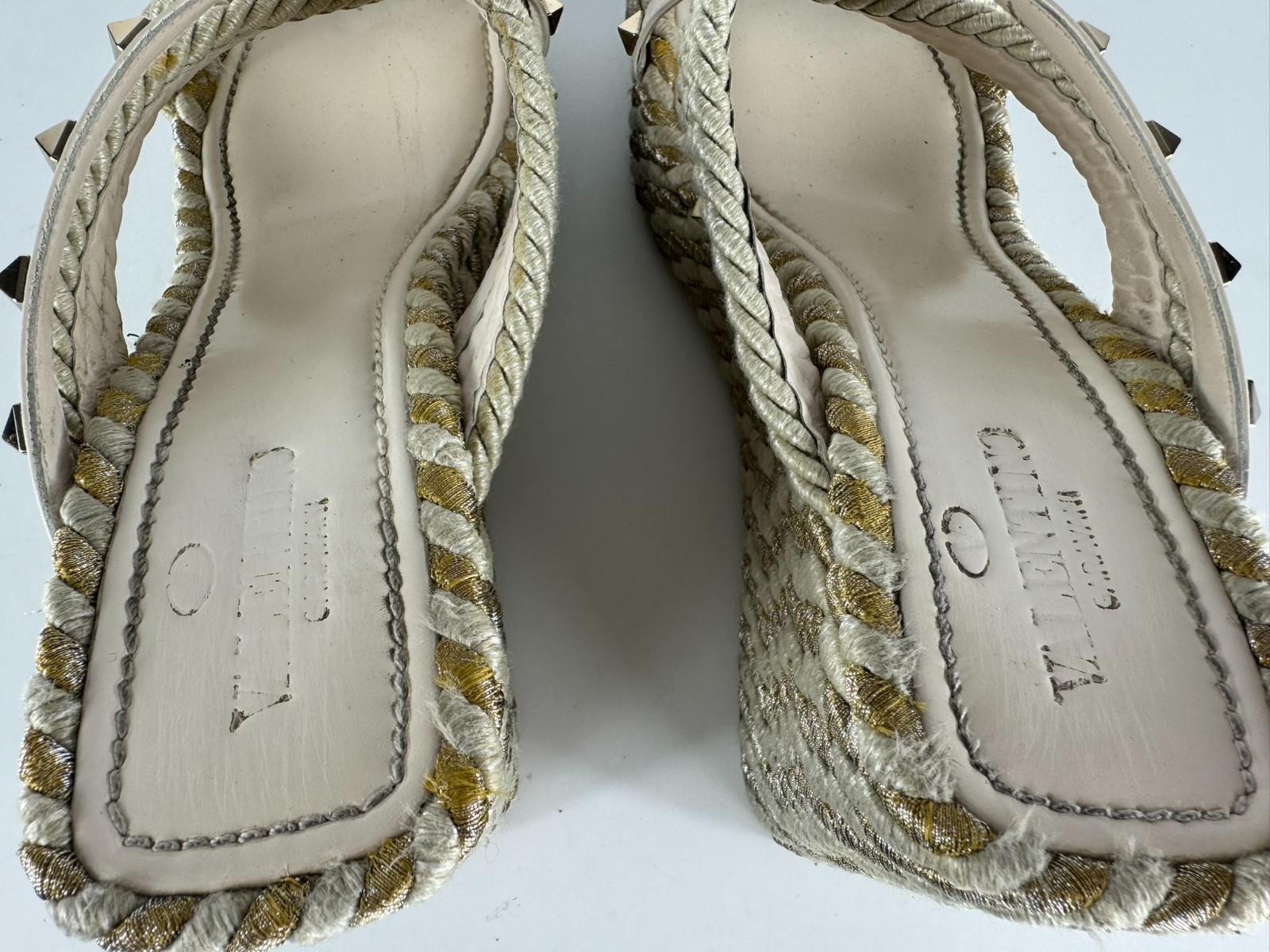 Valentino Rockstud Torchon Espadrille Ivory Striped Wedge Sandal EU 41 US 11