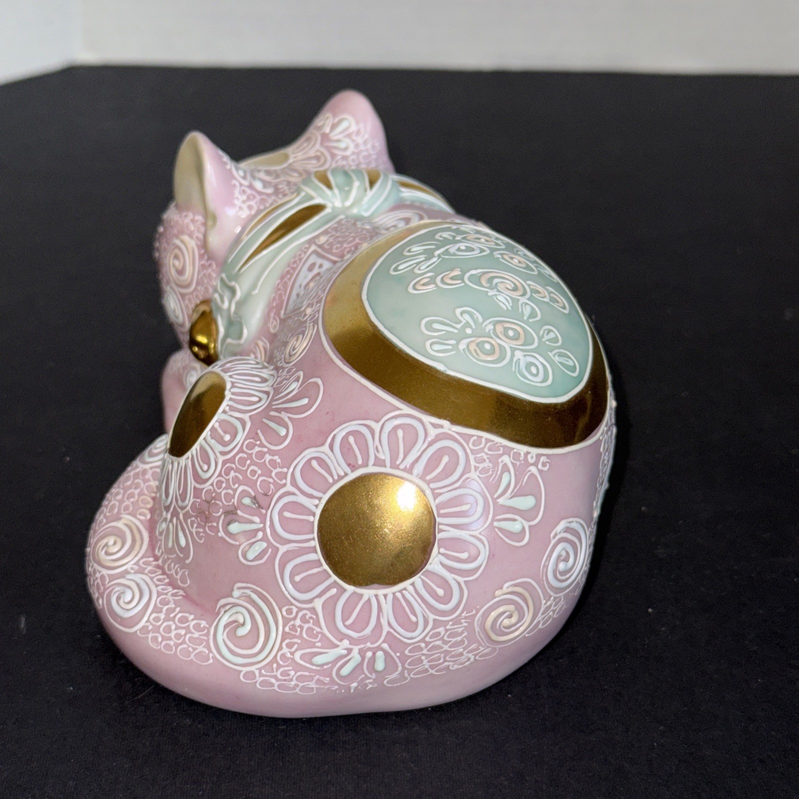 Frederick Cooper Pink, Green And Gold Porcelain Decorative Japanese Sleeping Cat