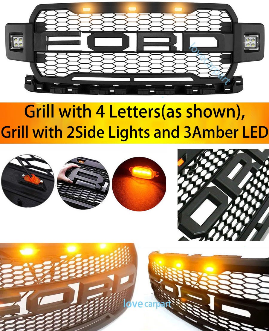 For Ford F150 Grill 2018 2019 2020 Raptor Style Front Grille W/LED Matte Black
