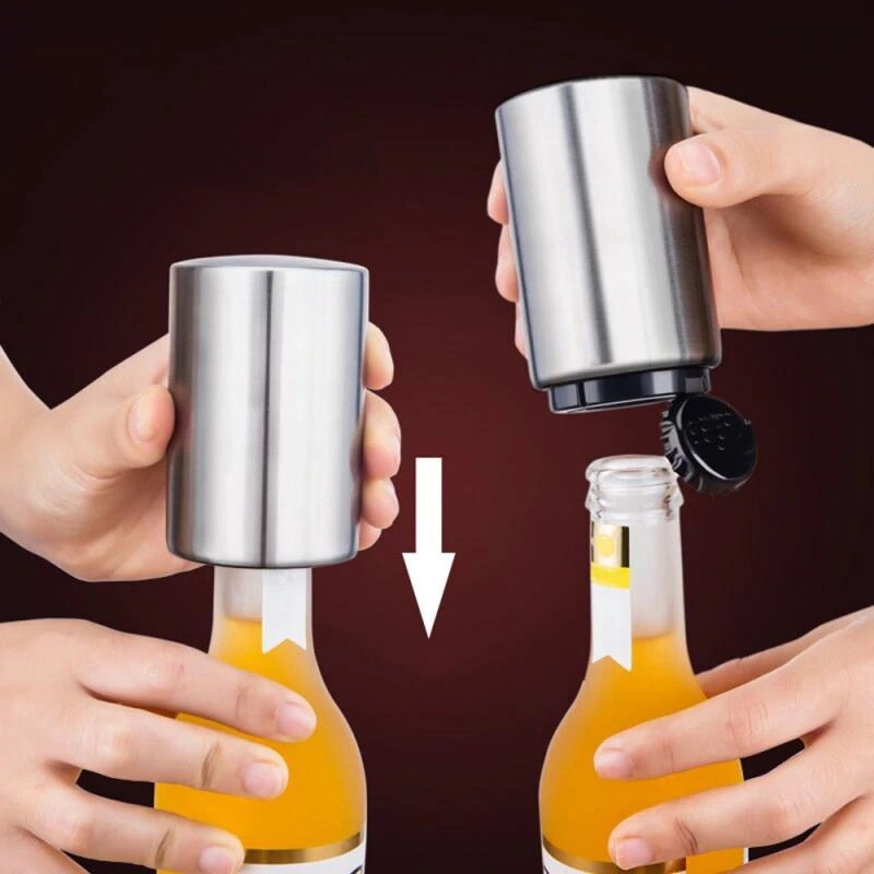 Magnet Automatic Beer Bottle Opener Push Down Soda Cap Collector Stainless Steel
