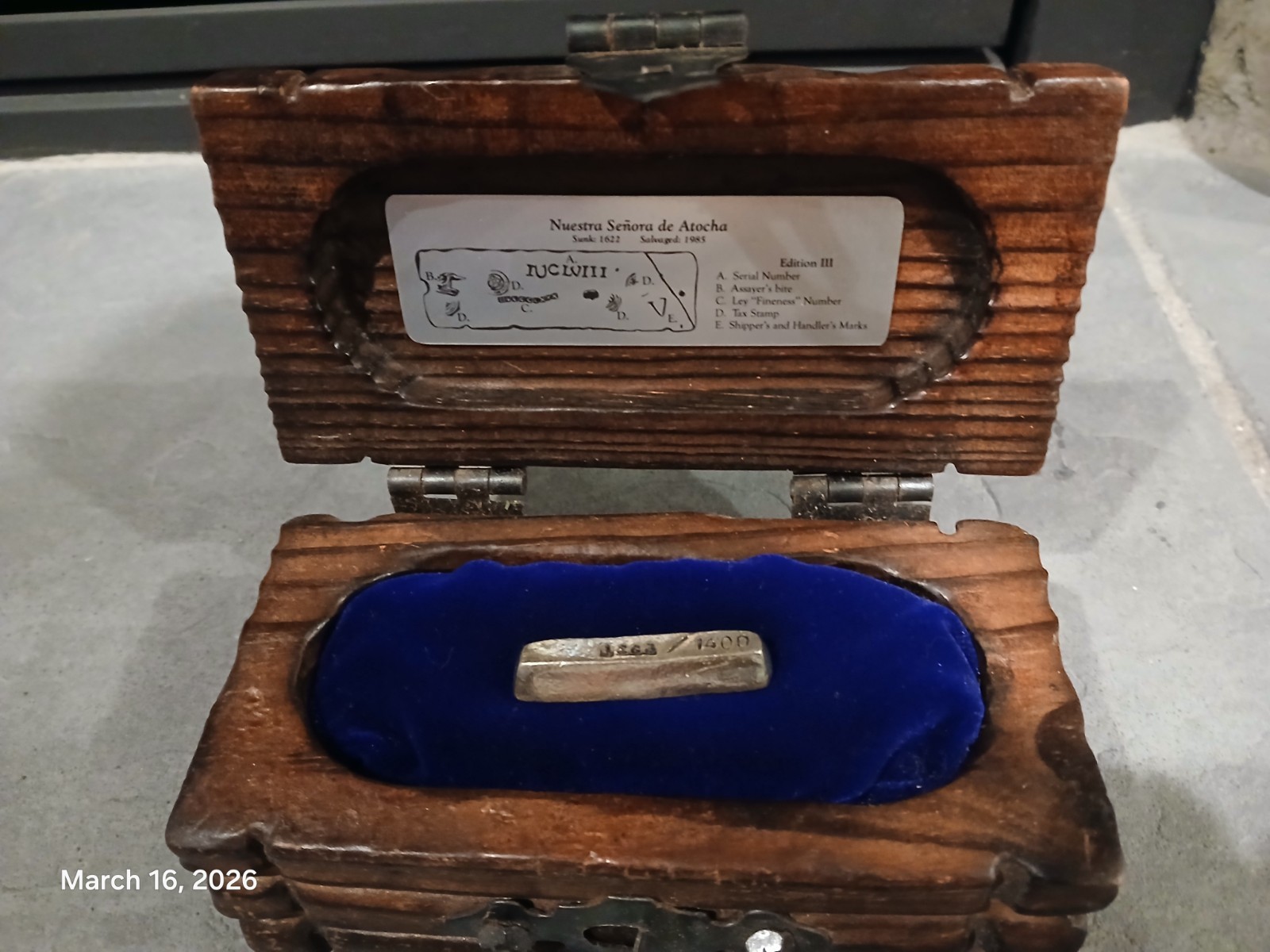 Nuestra Senora De Atocha Treasure Chest with Silver Ingot