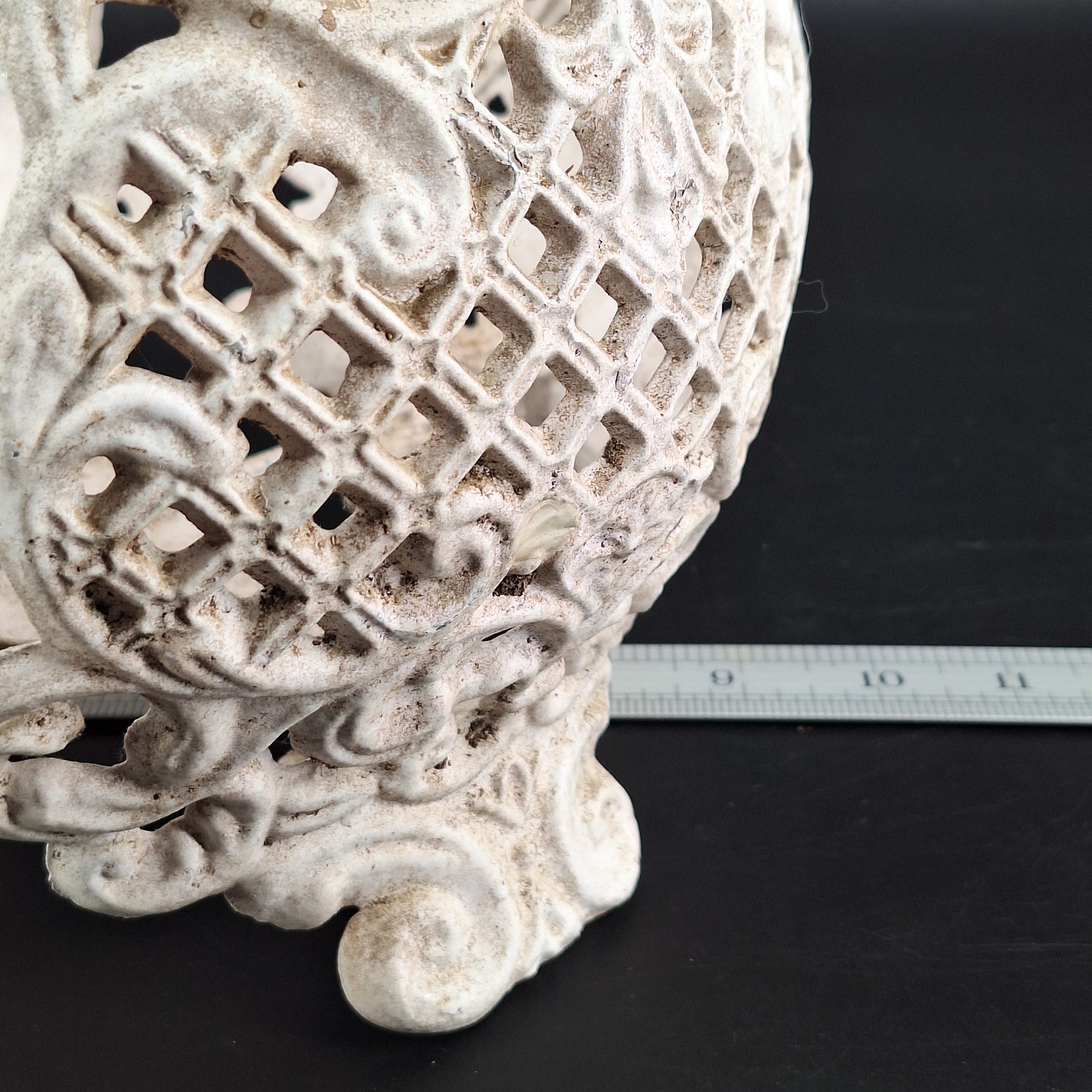 Antique Cast Iron Planter Holder Ornate Lattice White Garden Decor