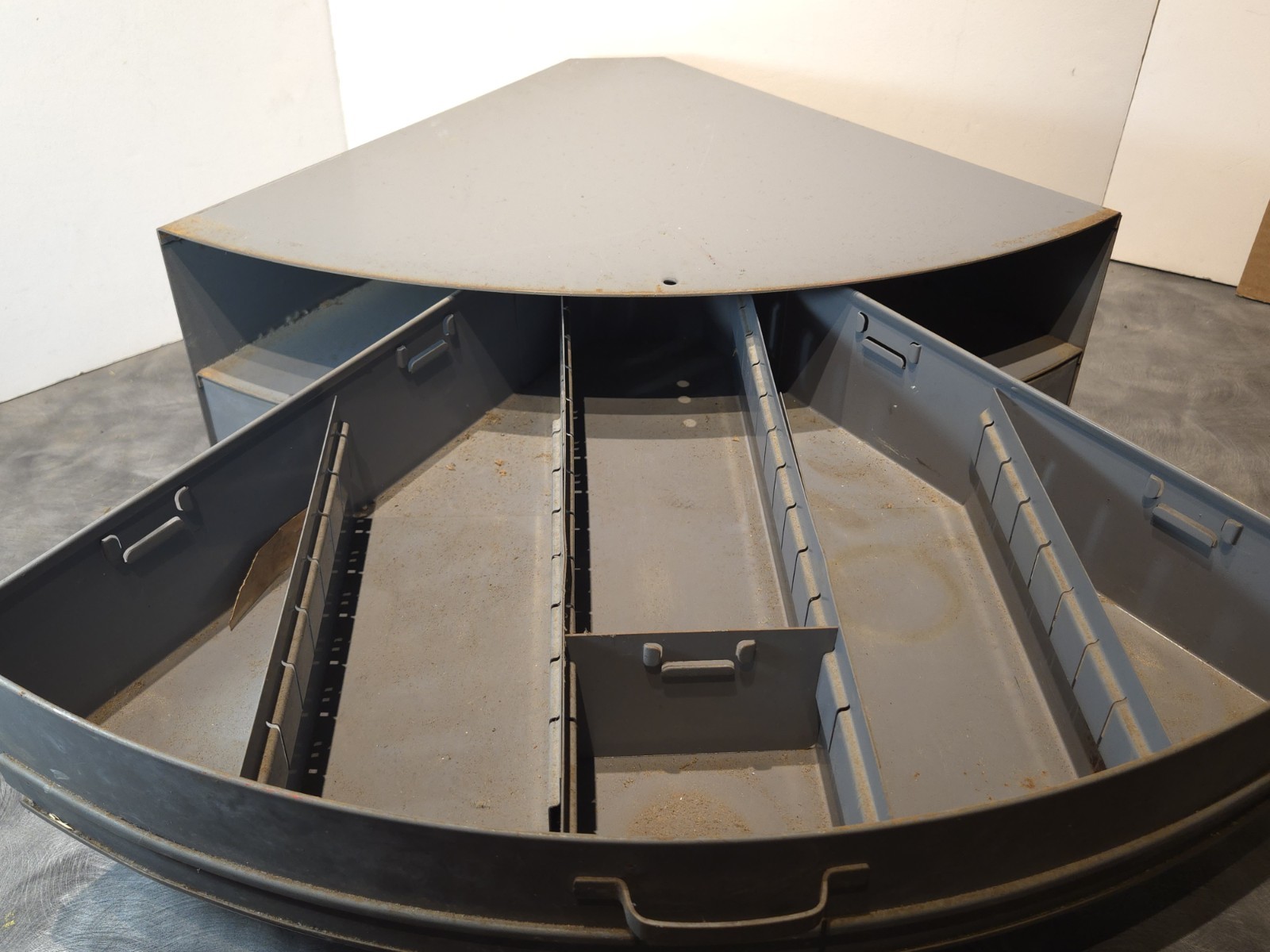 Vintage Industrial Metal Pie Shaped Corner Hardware Parts Bin 3 Drawer Cabinet