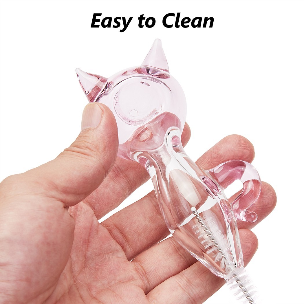 4" Cat Glass Tobacco Smoking Pipe with Brush Storage Box and Tool Hand Pipe