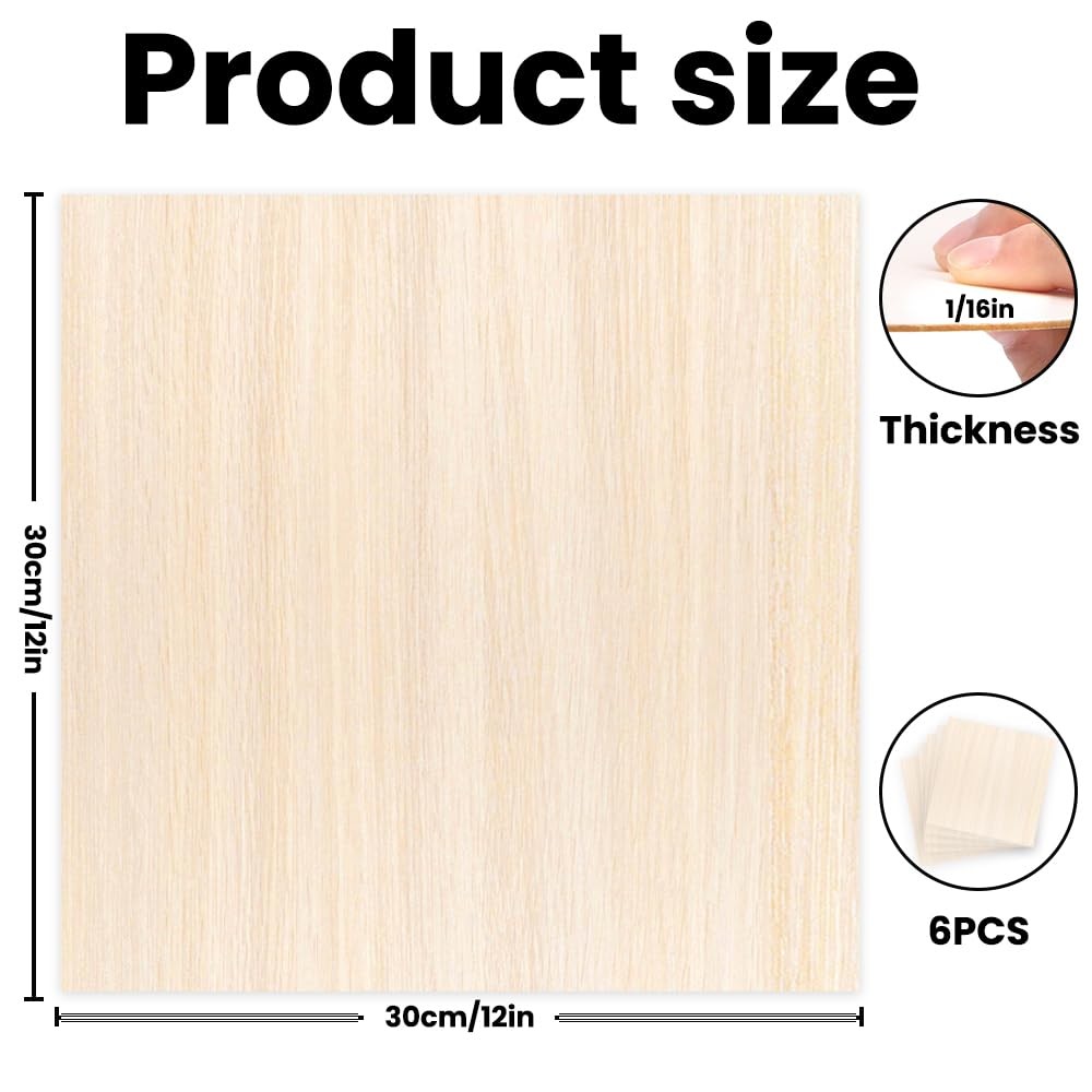 6 Pack Basswood Sheets 12x12x1/16in Unfinished for Laser Cutting Crafts Models