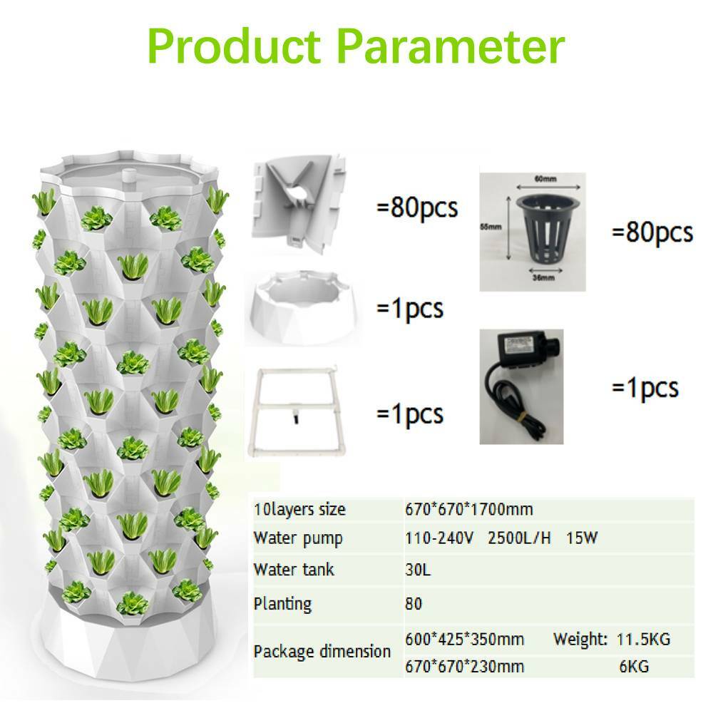 Vertical 80 Pots Hydroponics Tower Set Hydroponic Growing System Indoor&Outdoor