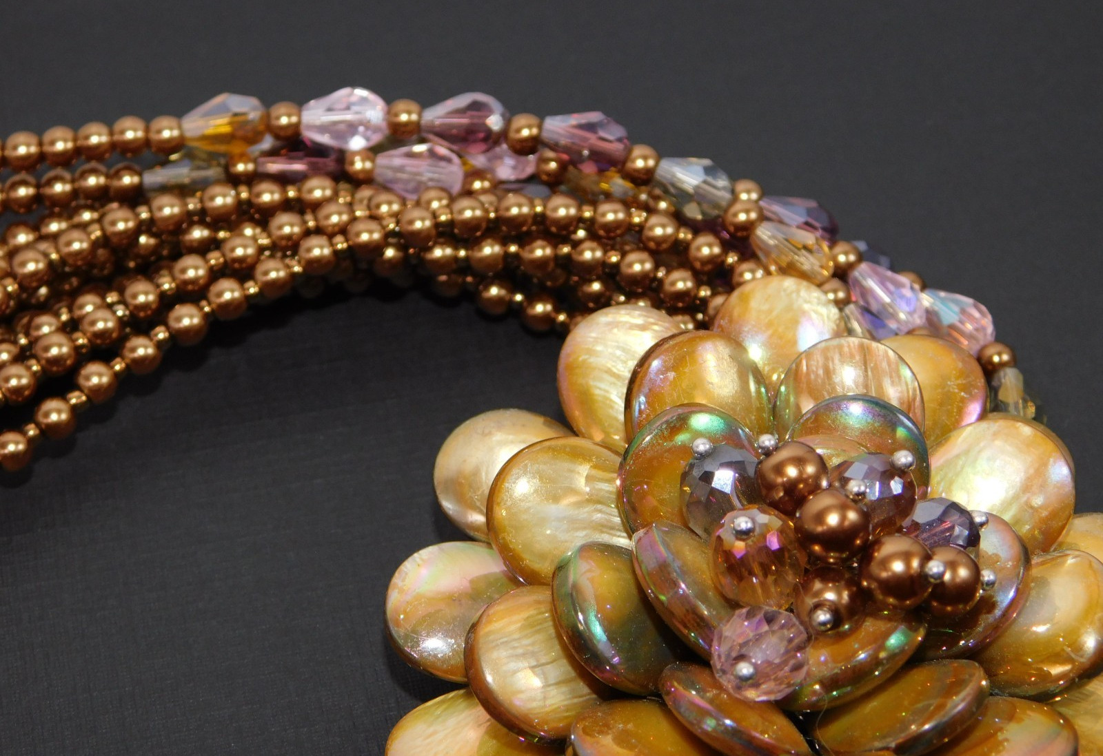 Vintage JOAN RIVERS AB Golden Bronze Starlet Floral Bead Statement Necklace