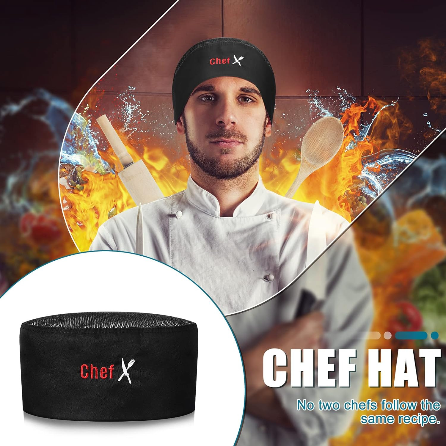 6-Pack Unisex Chef Hats Adult Black Elastic Baker Skull Caps
