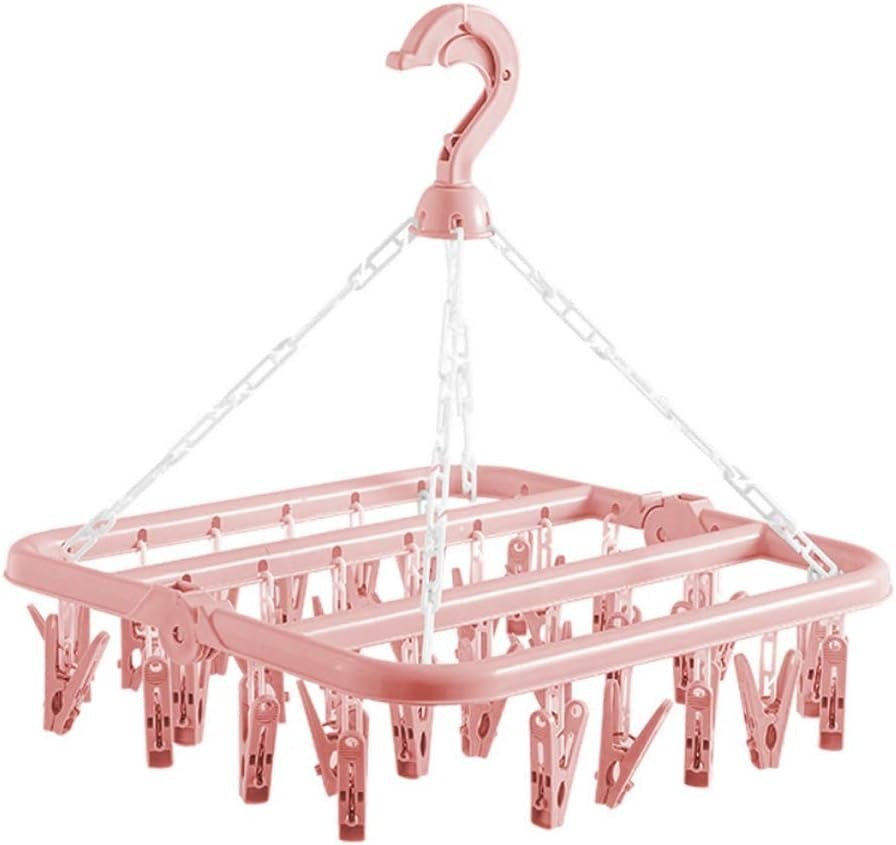 32-Clip Light Pink Clothes Drying Rack - Adjustable Hooks & Collapsible Design