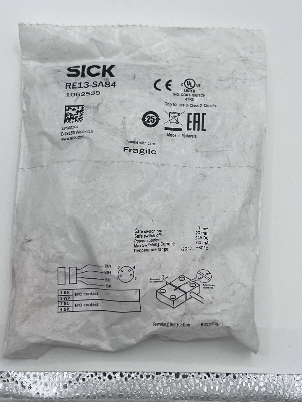 SICK RE13-SA84 Magnetic Safety Switch, RE1, 2NO, Switch-On Dist: 7mm, Cable w/M8