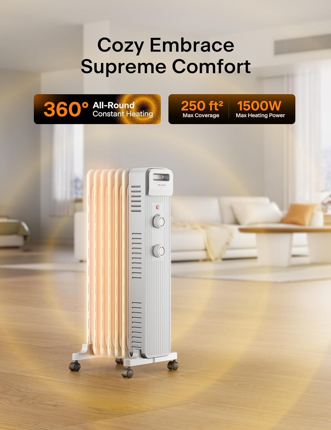 Pelonis PSH007JM1AWW 1500W Oil Filled Radiator Space Heater, White