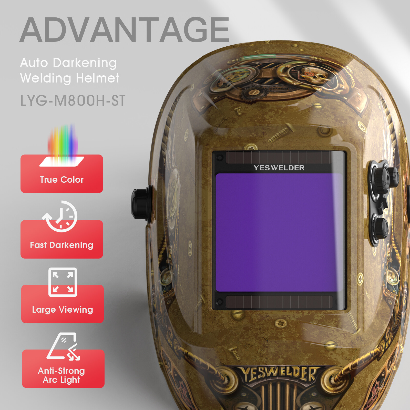 Large Viewing Screen True Color Auto Darkening Welding Helmet, 4 Arc Sensor