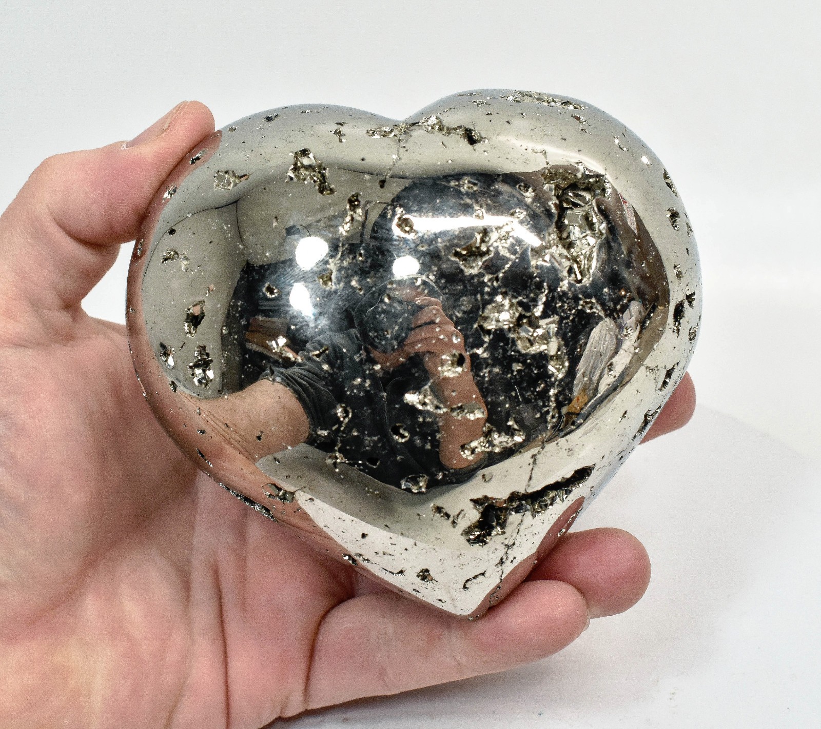 4.37" Polished PYRITE CRYSTAL HEART Carving Huanzala mine, Peru T706