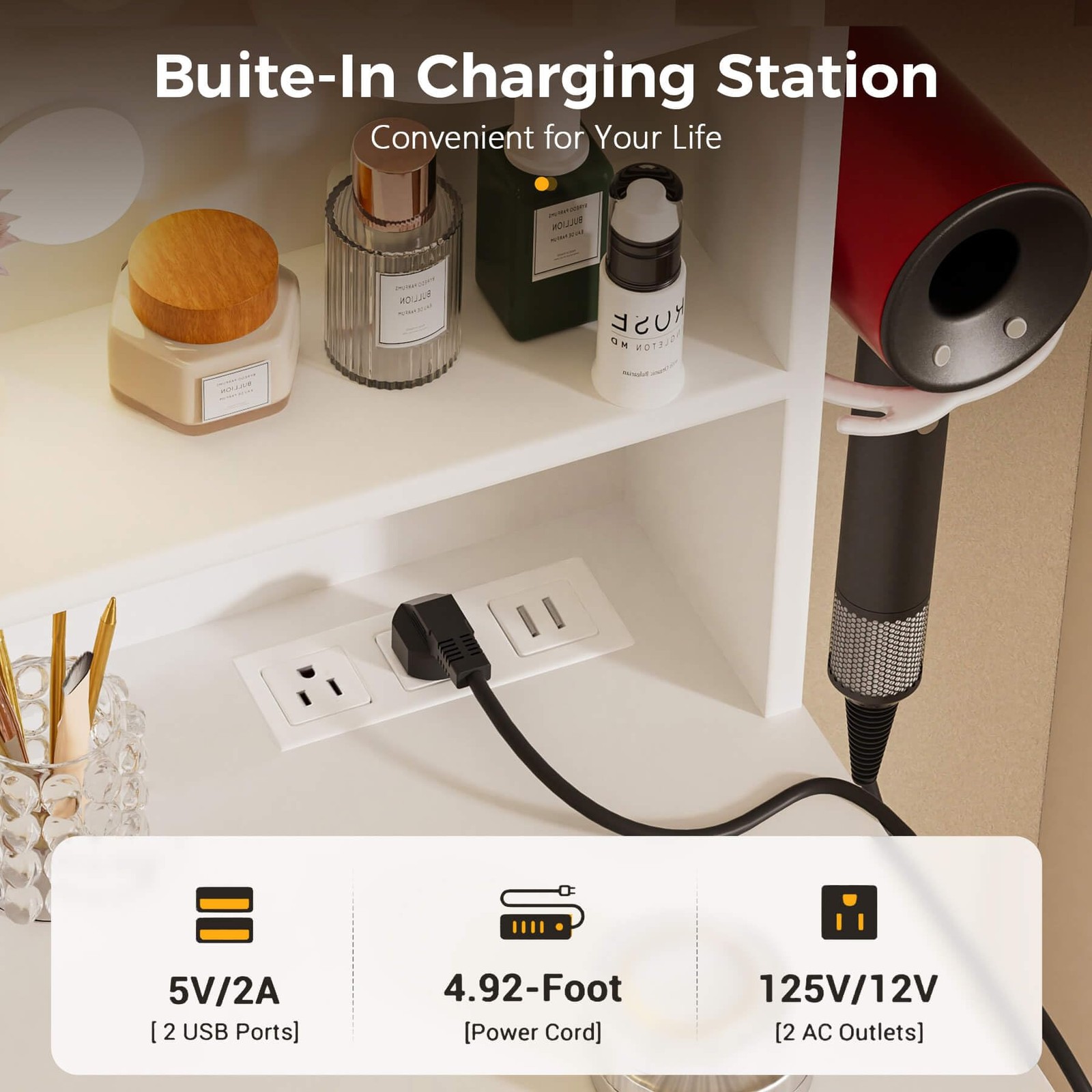 Vanity Desk with Lighted Mirror and Power Outlet, RGB LED Lights Makeup Vanit...