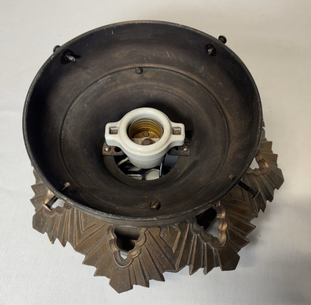 Skyscraper Light Fixture Ceiling Flush Brass Vtg Art Deco Glass Shade USA #L39