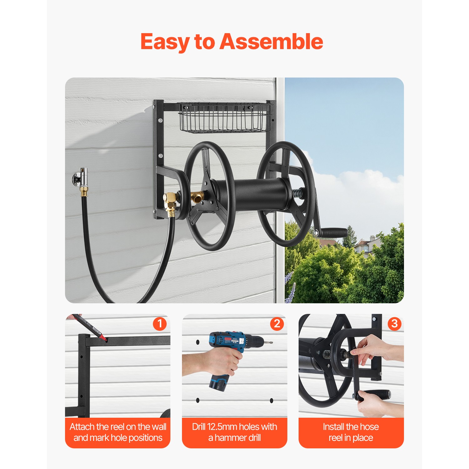 Wall Mounted Garden Hose Reel 125ft 5/8 in Hose Holder Brass Fitting & Basket