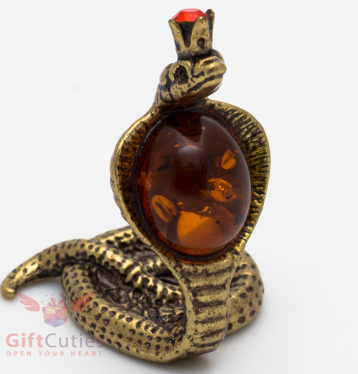 Solid Brass Amber Figurine Amulet Hood Flared Indian Cobra Snake IronWork