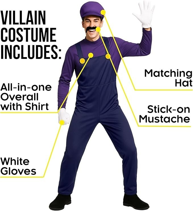 Adult Super Mario Brothers Waluigi Costume Men`s Purple Plumber + Hat Mustache