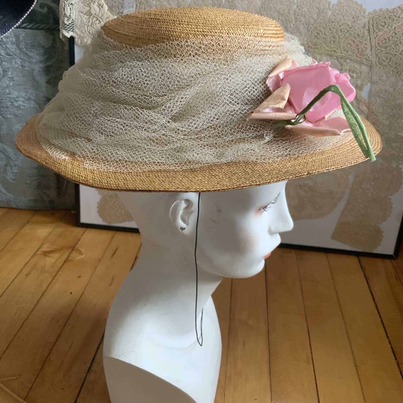 STRAW BOATER SKIMMER HAT BROWN RIBBON VINTAGE WOMENS LARGE BRIM