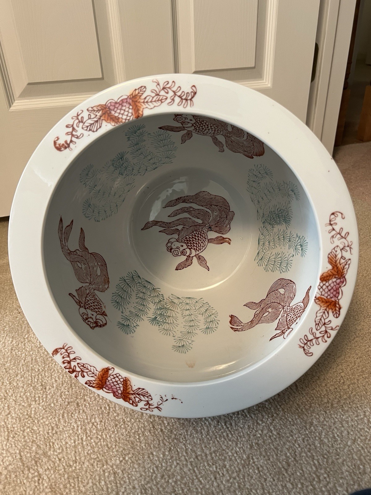 Chinese Koi Fish Bowl Jardiniere Pot Planter Hand Painted Porcelain 12"