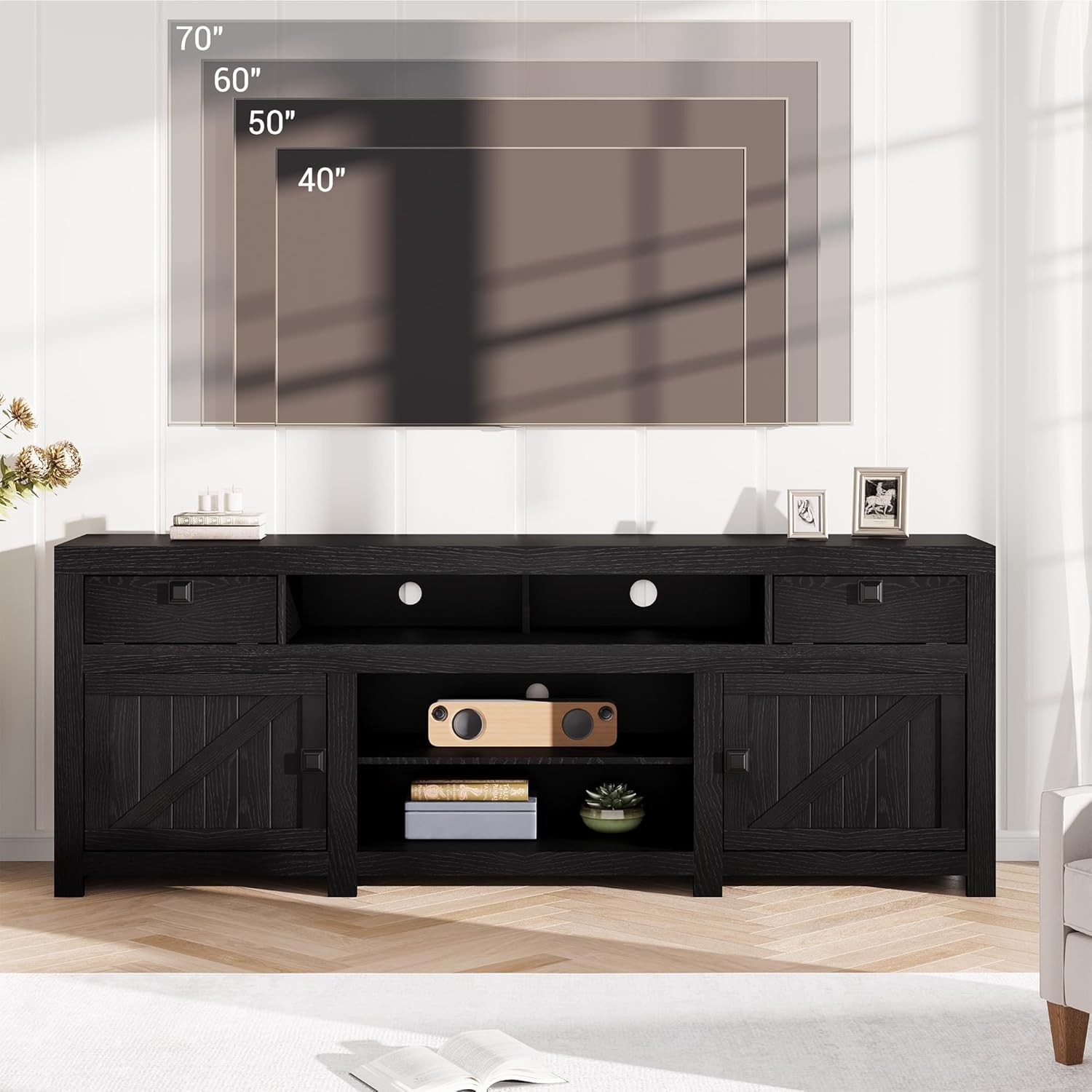 Farmhouse TV Stand for 80 in TVs, 70" Wide Entertainment Center with 4 Drawers