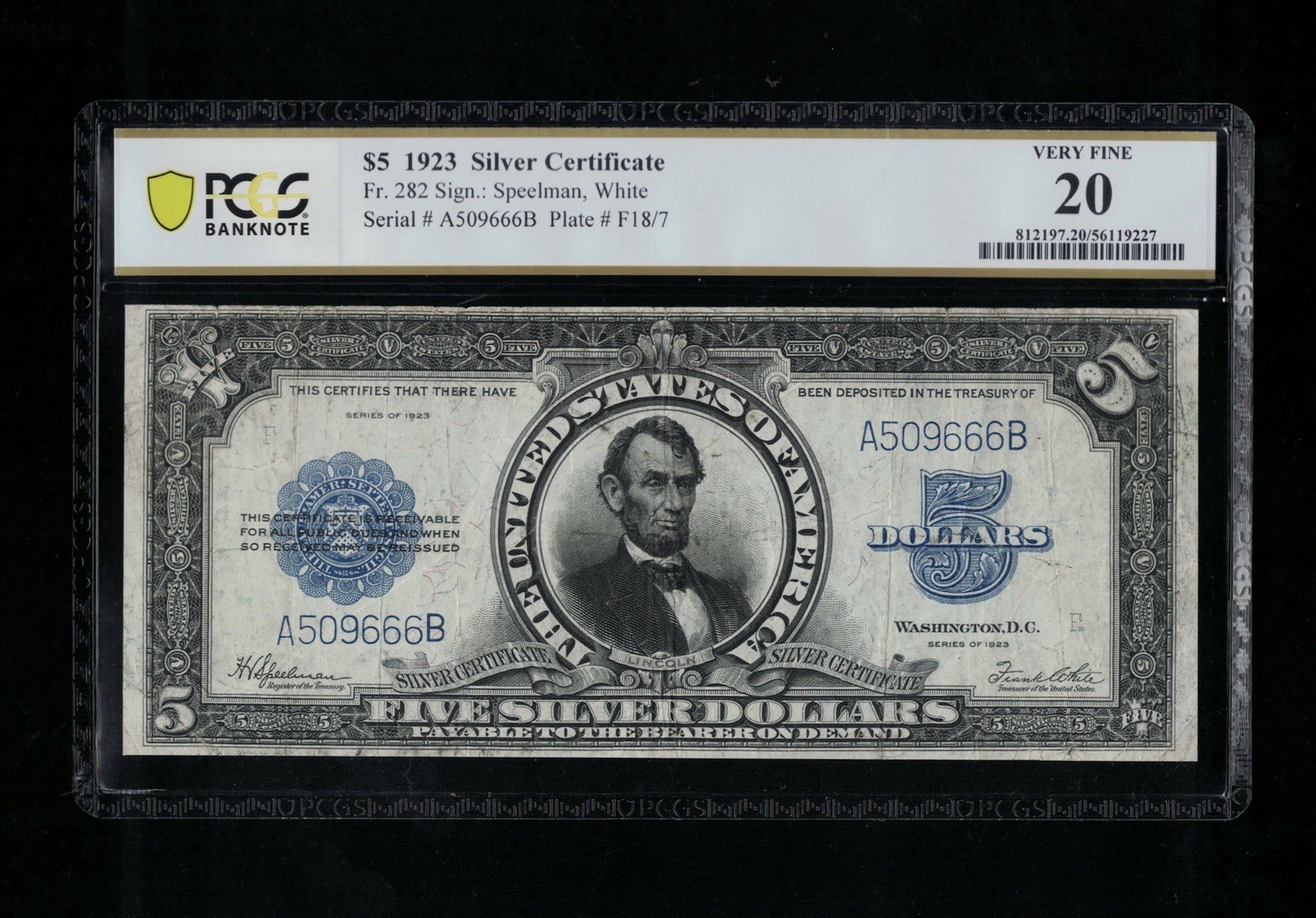 SC 1923 $5 Fr.282 “Porthole” Silver Certificate - PCGS 20 Very Fine (666B)