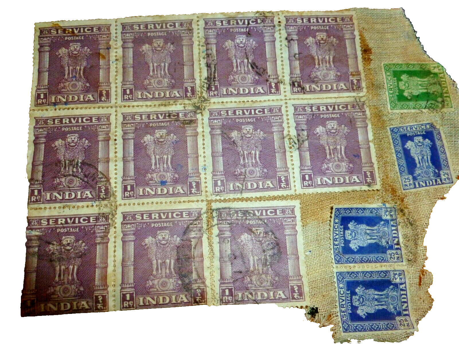 Indian Stamps Asoka Pillar Stamps Purple Green Blue Red on Old Postage Cloth
