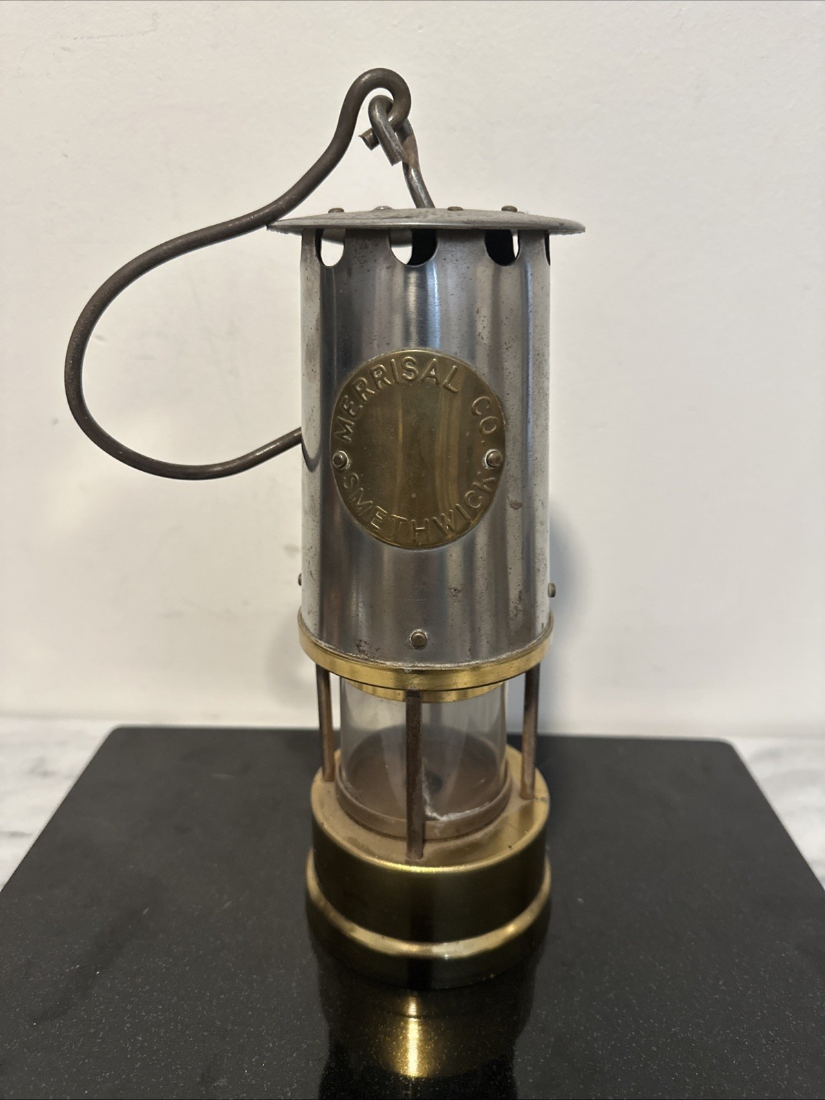 ANTIQUE MINER’S LAMP Merrisal Co. Smethwick Marking Brass Glass Insert READ
