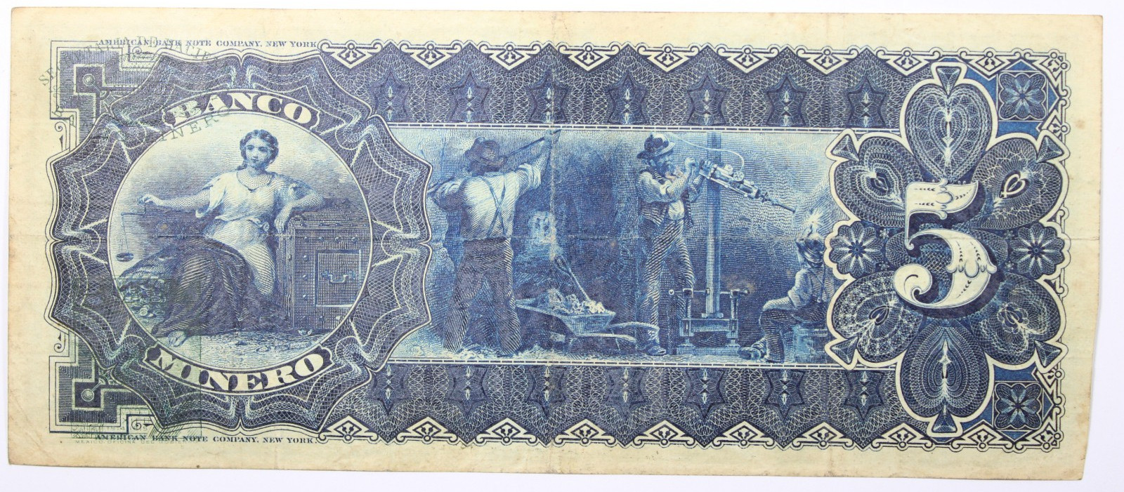 1914 El banco Minero 5 pesos Circulated Banknote Serie H.51 VF # 0416