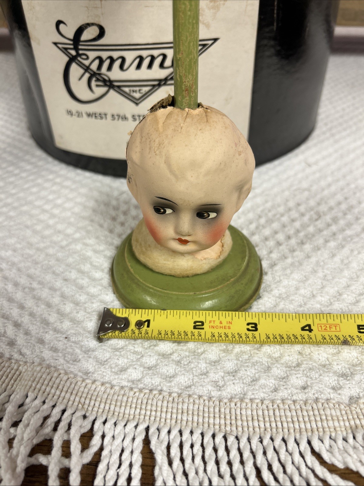 Antique Papier-Mâché Side Eyed Doll Head Girl Wood Hat Stand 9.5" Creepy Germany
