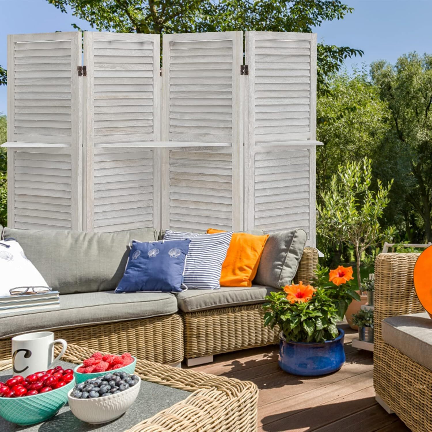 4 Panel 5.6FT Wooden Room Divider Folding Privacy Screen Partition W/ Shelves