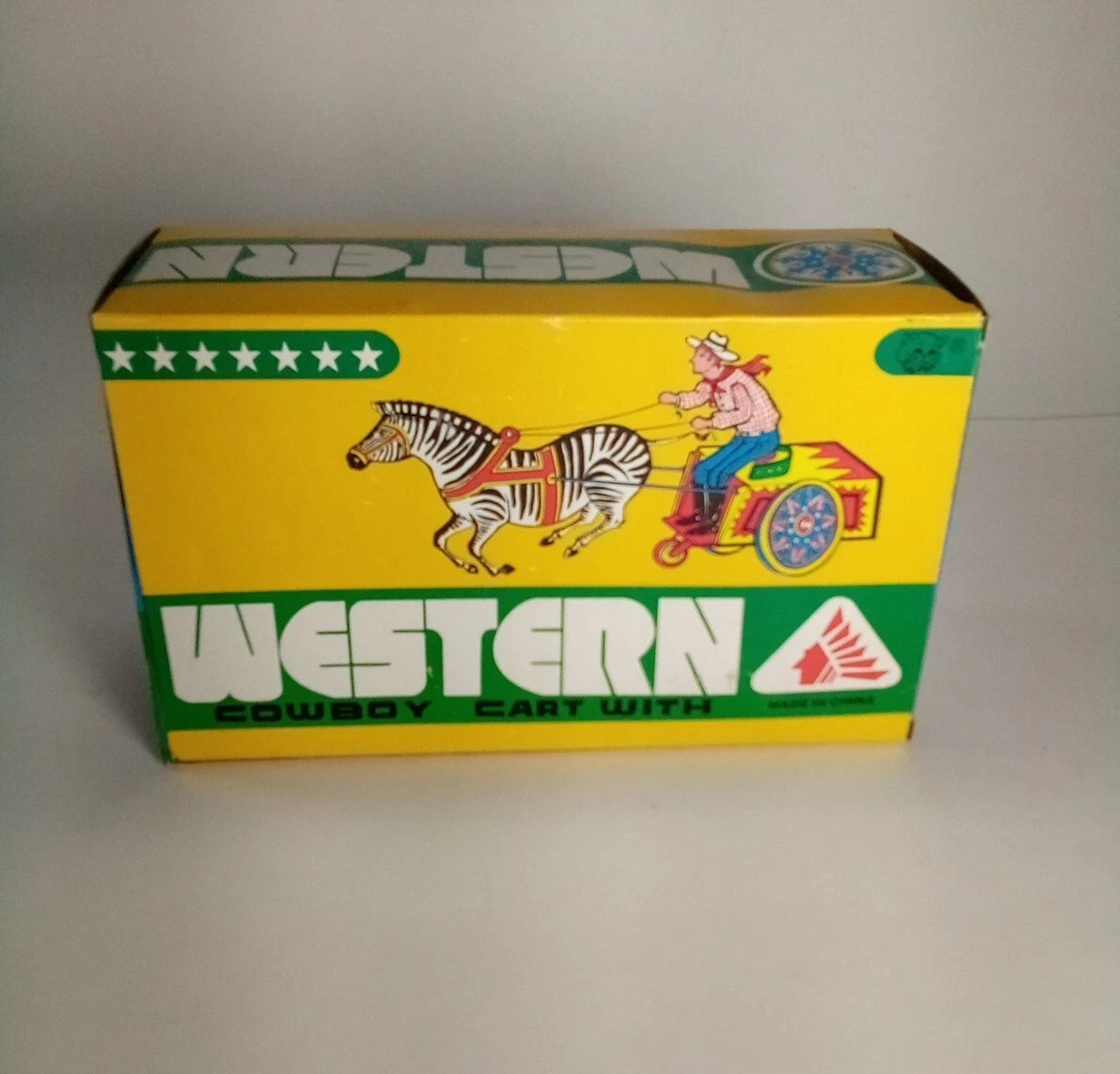 NOS New Vintage Tin Litho Wind-Up Toy Western Cowboy on Cart. MINT IN BOX w/key