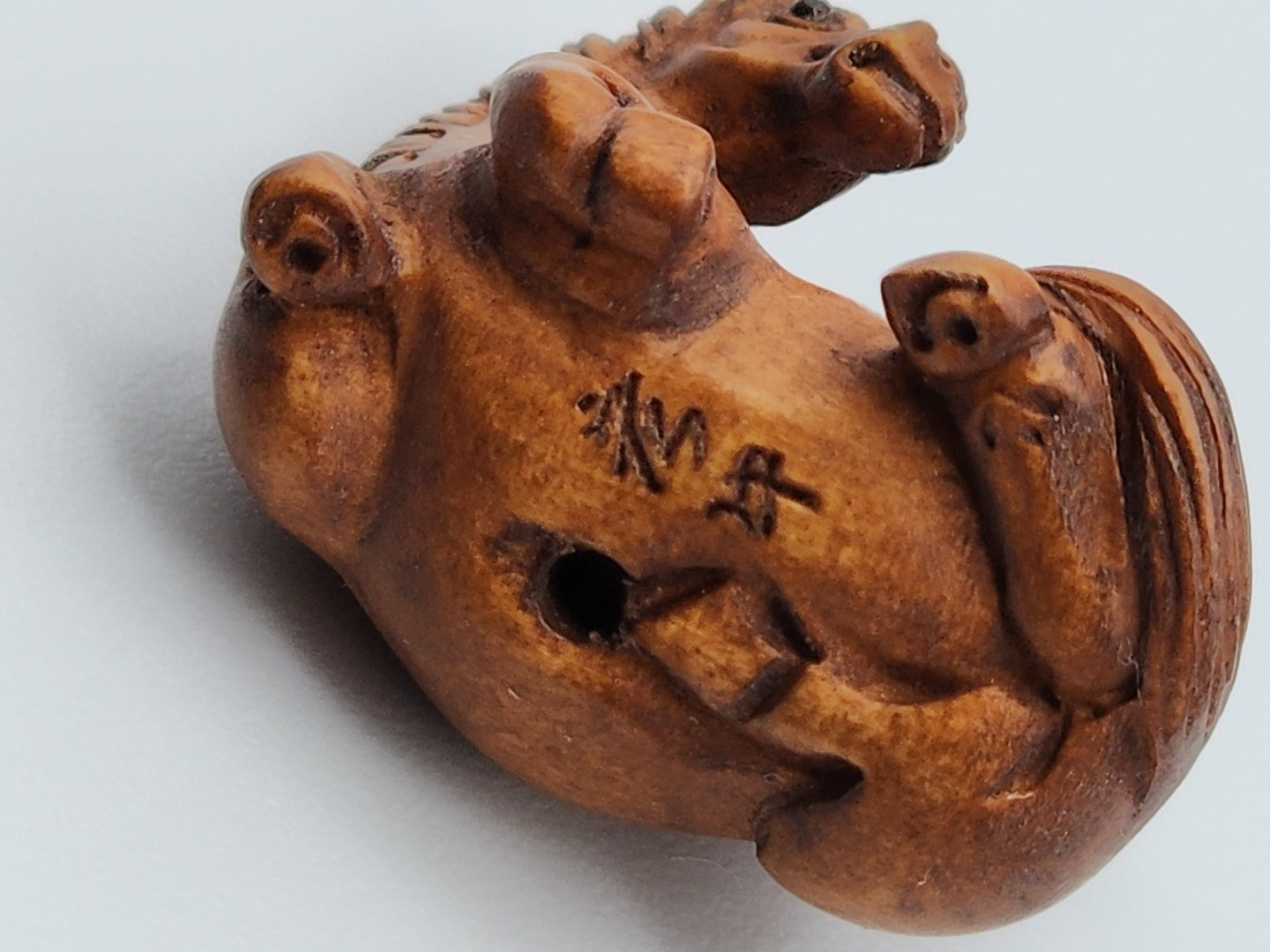 Ojime Bead? Carved Wood Monkey on Horse 2.5 cm Wide x 2.5 cm Tall Signed