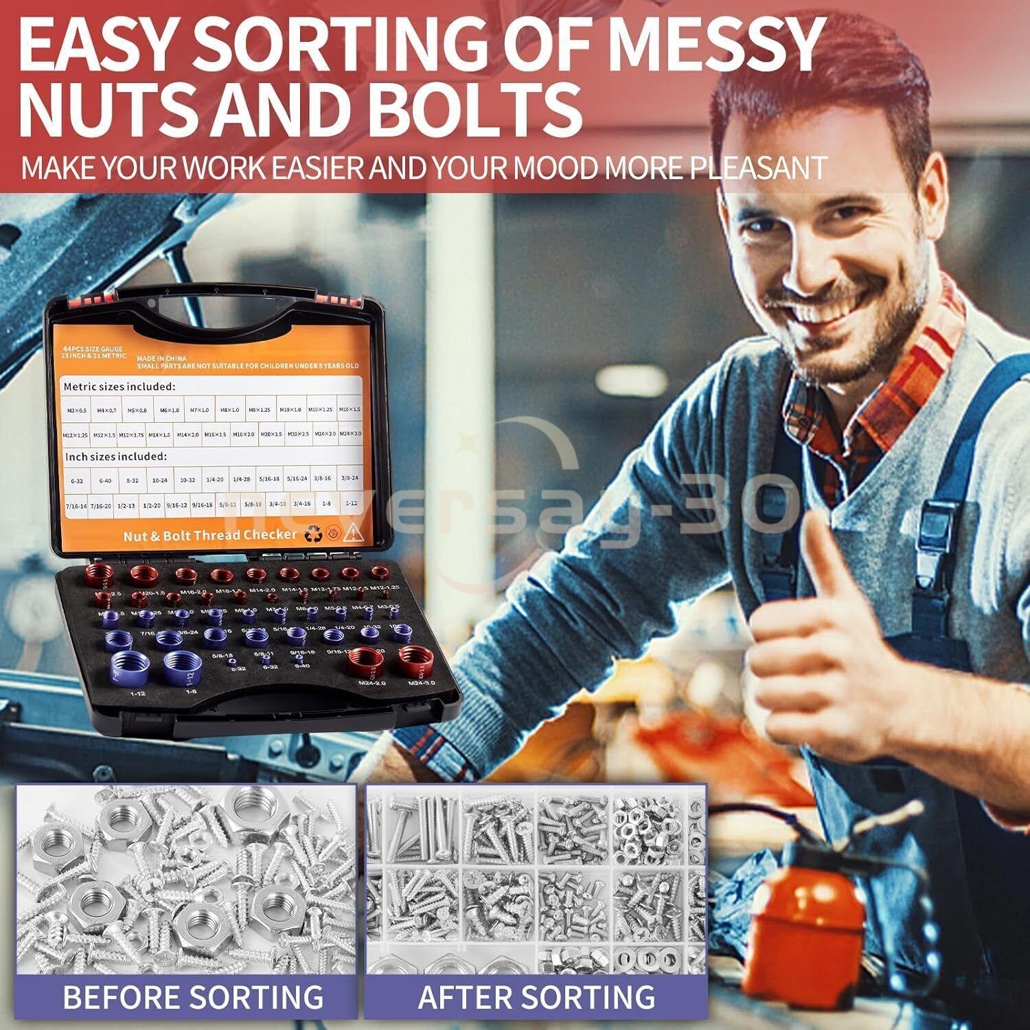 44pcs Screw Bolt Nut Thread Measure Gauge Size Checker Set (23 Inch & 21 Metric)