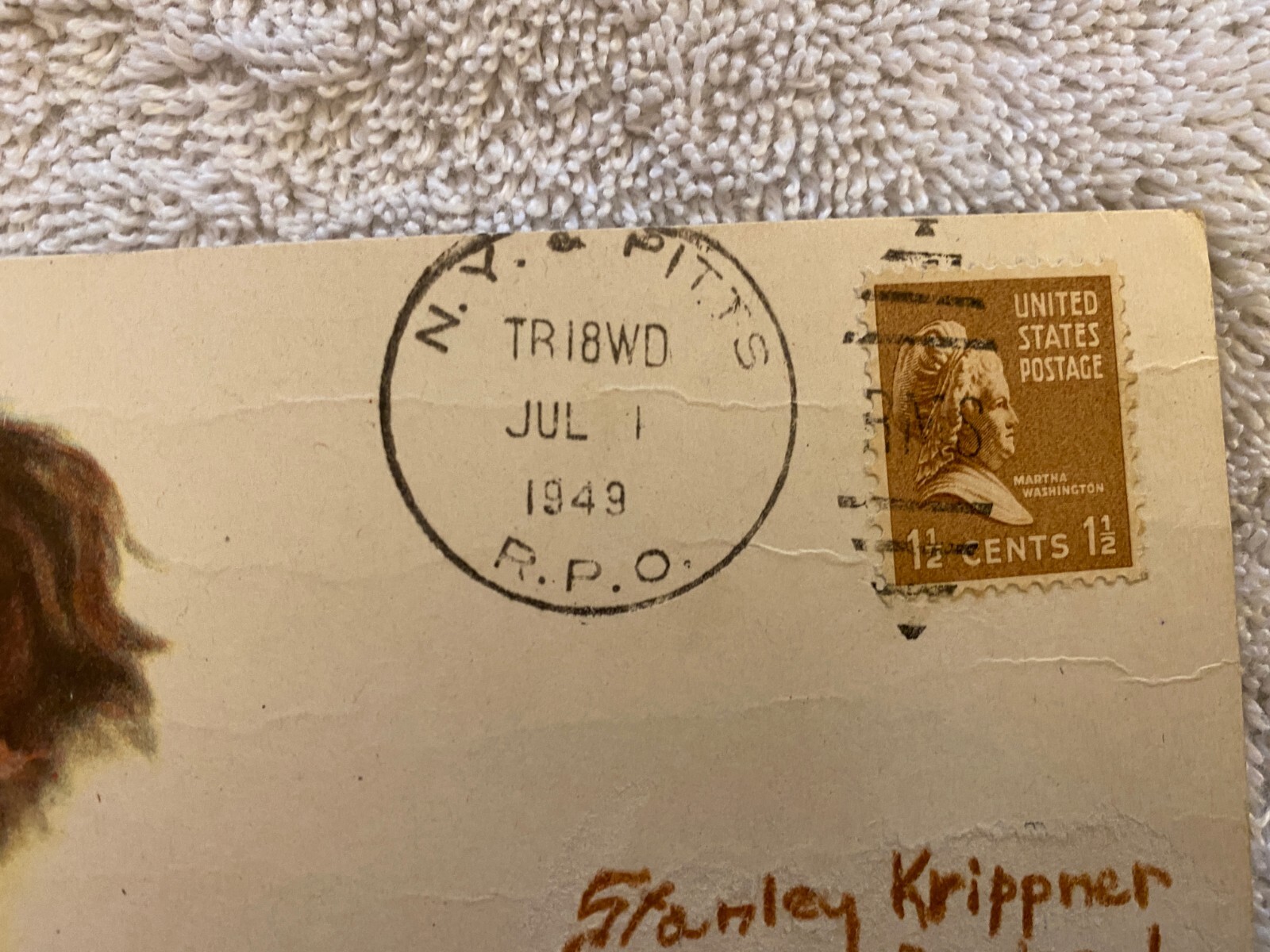 Pittsford, NY Railway Post Office Postmark, 1949, 1.5 cents Stamp Pekingese Dog