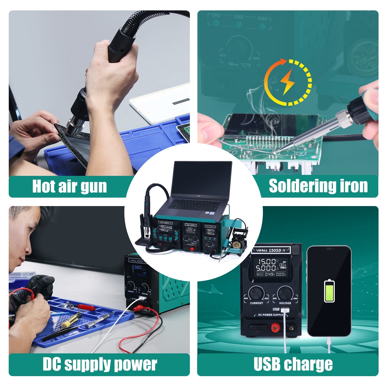 YIHUA 813 DC Power Supply Hot Air Gun Soldering Station 4 In 1 Phone Repair Tool