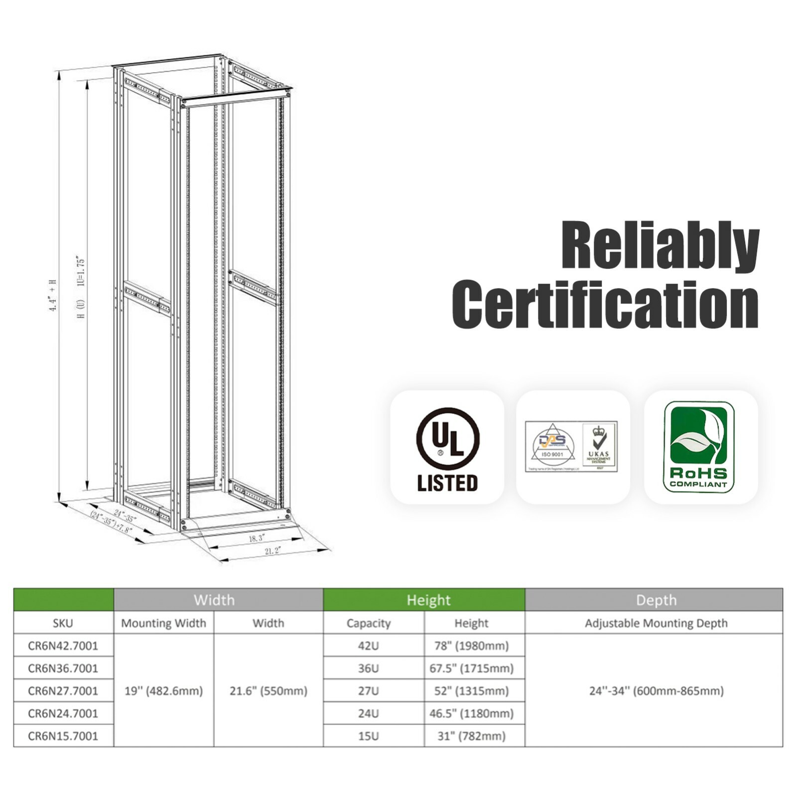 27U 4 Post Open Frame Server Network Data Rack Enclosure 19'' Adjustable Depth