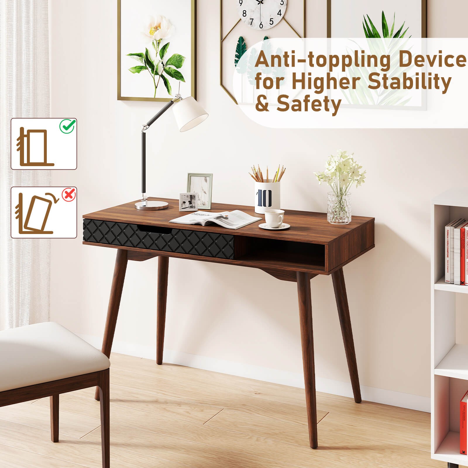 Mid-Century Modern Computer Desk w/ Drawer & Open Compartment,Rubber Wood Legs