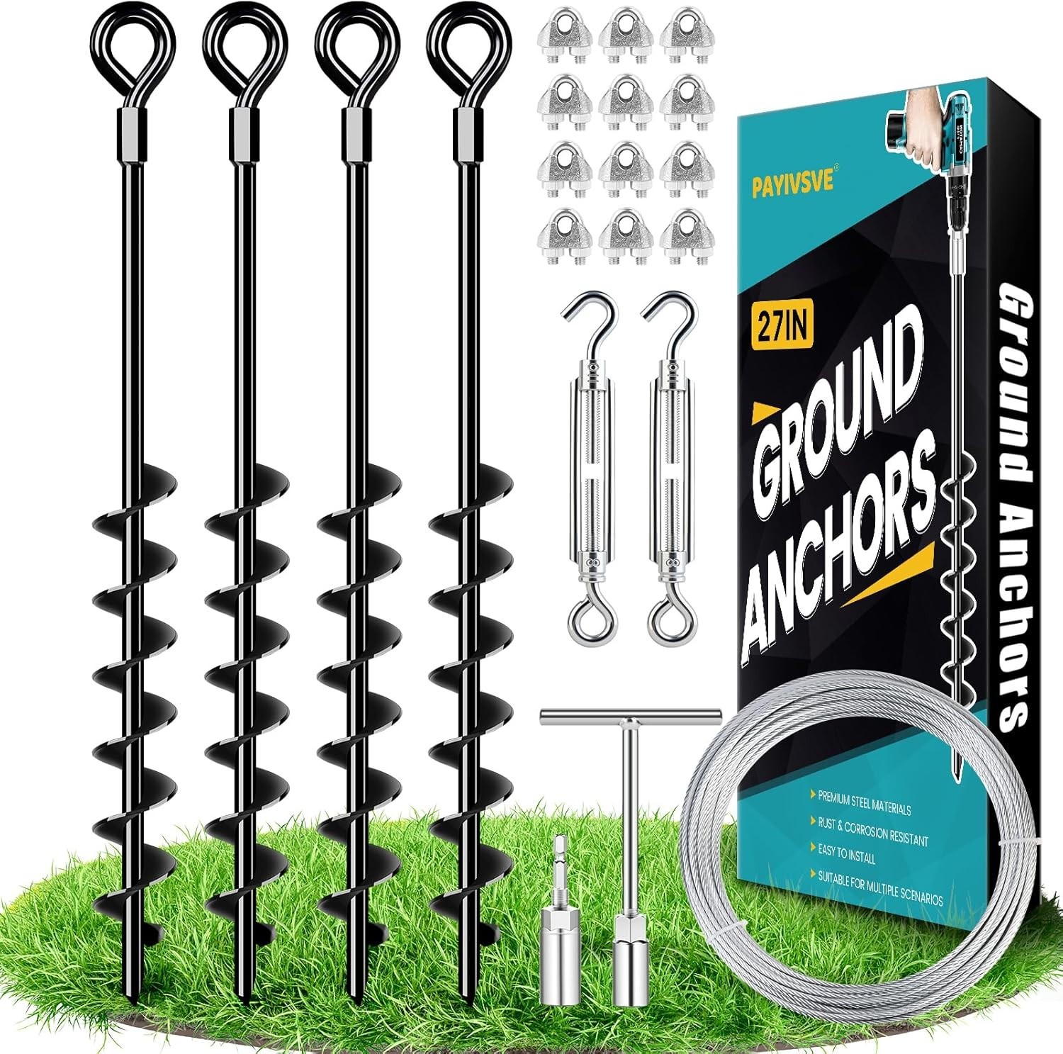 27" Ground Anchors Heavy Duty Shed Anchors Kit, Mobile Home Anchor with 3/16" Ga