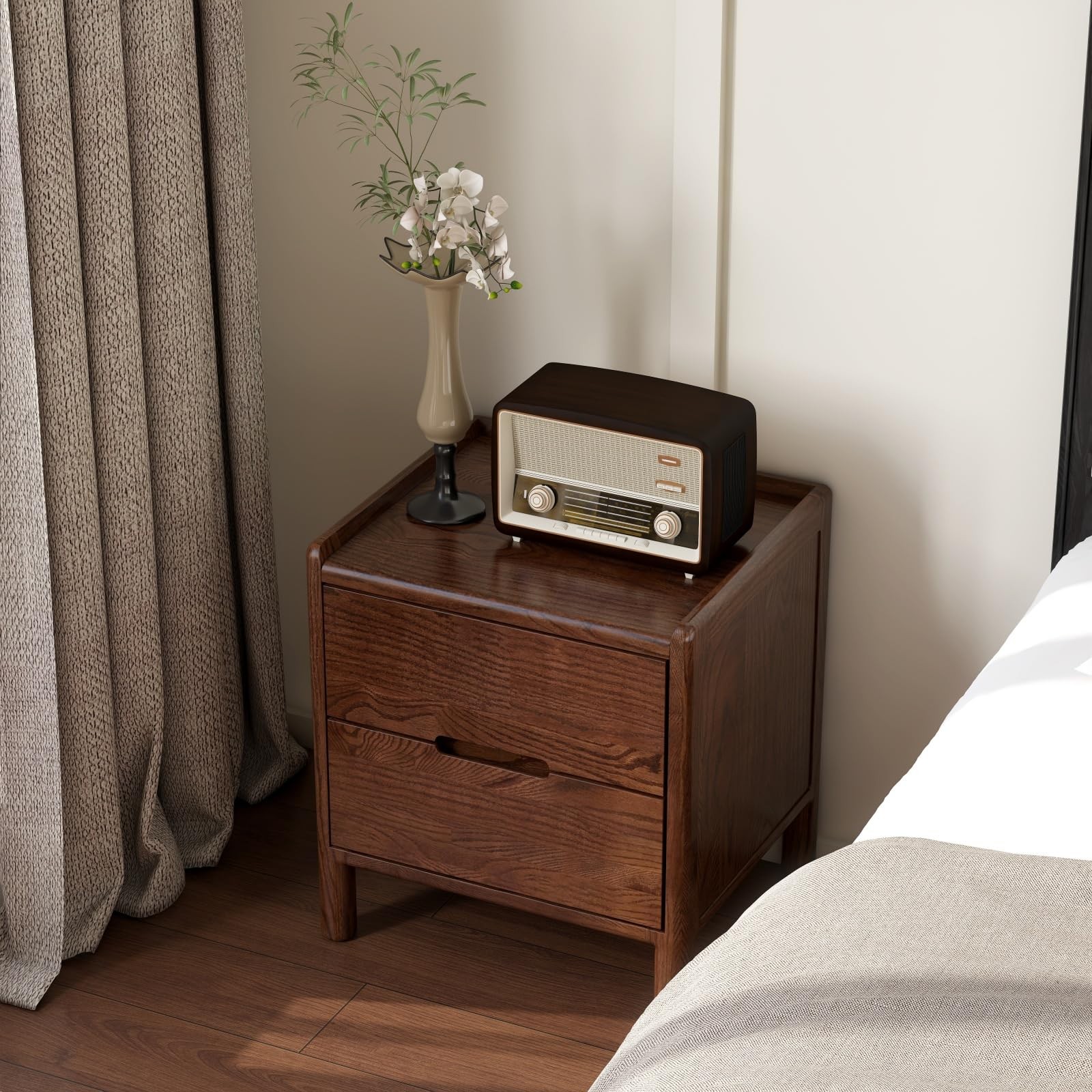 Walnut Night Stand Solid Oak Wood Mid Century Modern Bedside Table for Bedroom