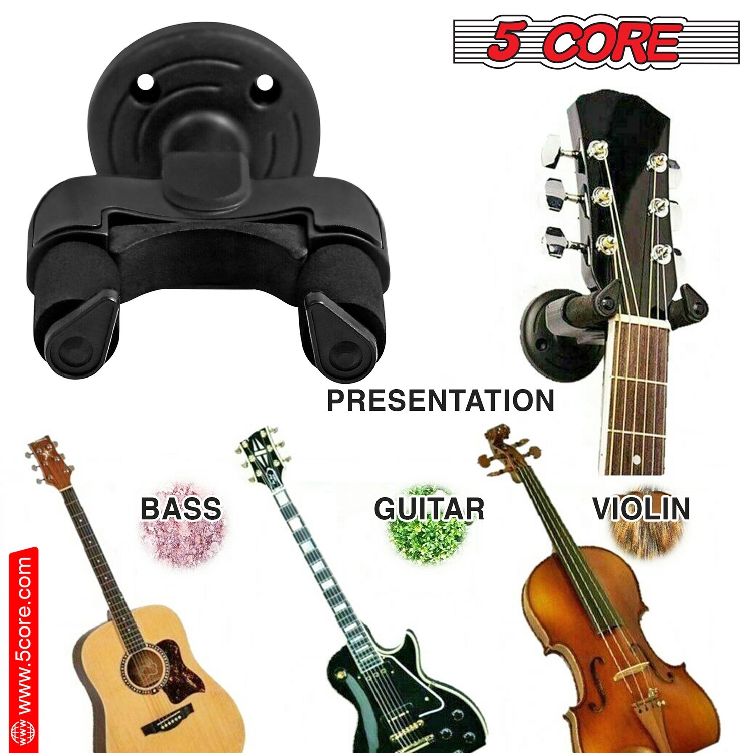 5Core Guitar Wall Mount Hanger Hook Soft Padding Adjustable Rotatable Holder
