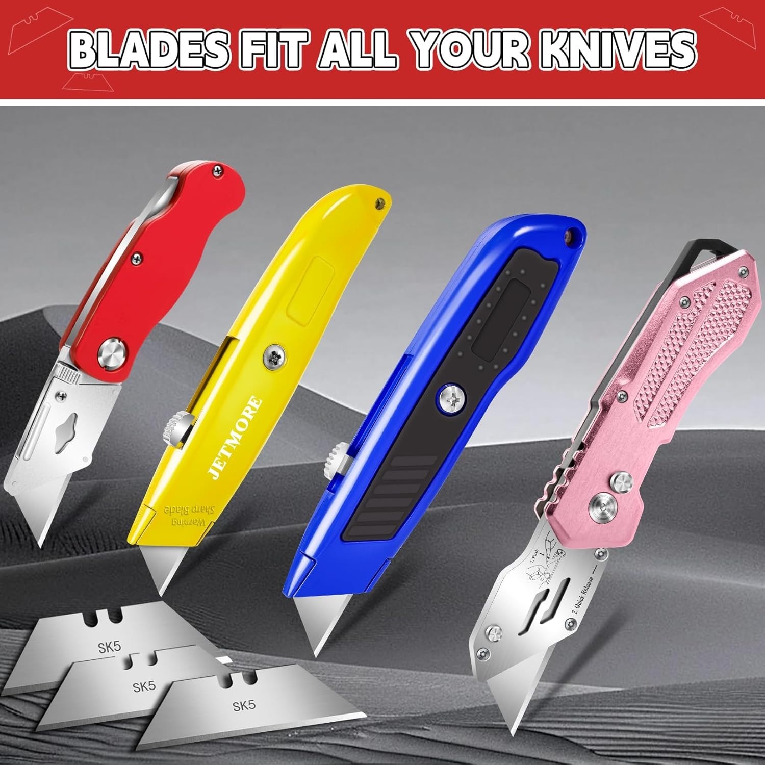 100-Pack-Utility-Knife-Blades, SK5 Steel Box Cutter Blades, Standard Utility Bla