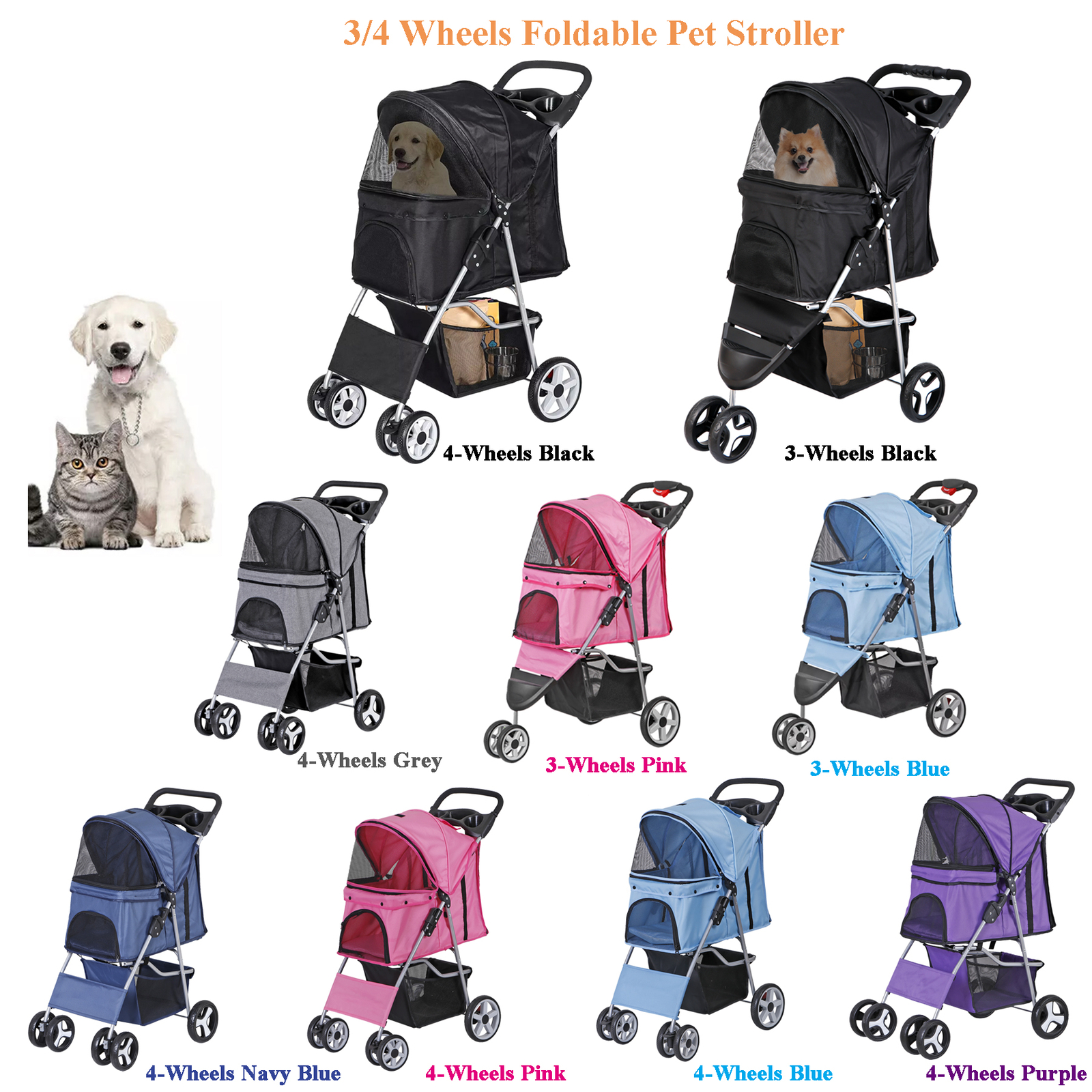 Dog Stroller 3/4-Wheels w/Storage Basket & Cup Holder Foldable Cat Pet Stroller