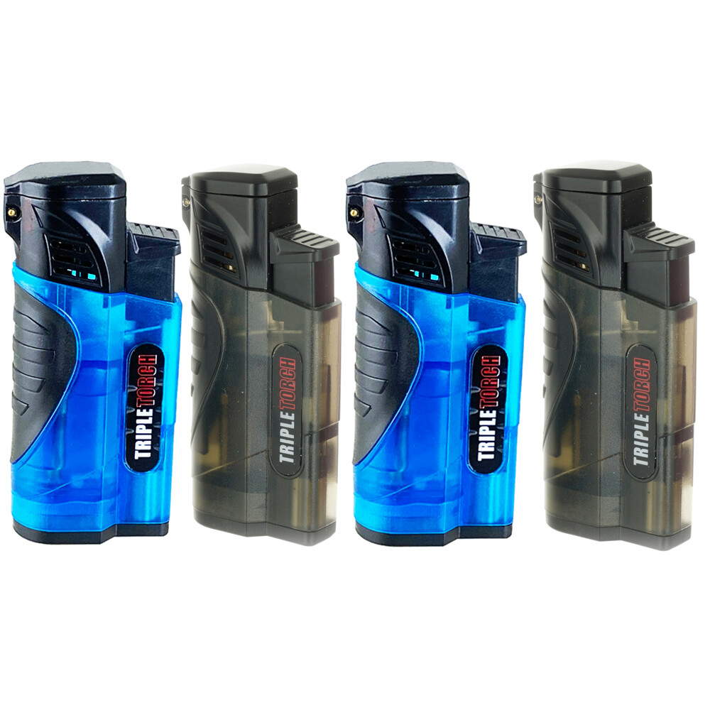 4 PACK Triple Clear Color Torch Lighter Adjustable Flame W/Cigar Puncher PR