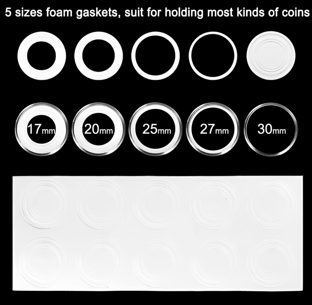 100 PCS 30mm Clear Round Coin Capsules Plastic Coin Holders & White Gaskets &Box